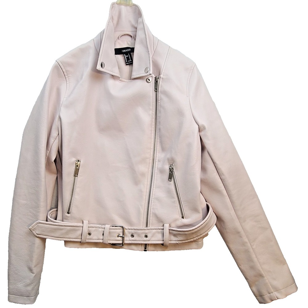 Forever 21 Cream Faux Leather Moto Jacket Women’s Medium Zip Pocket Biker Jacket